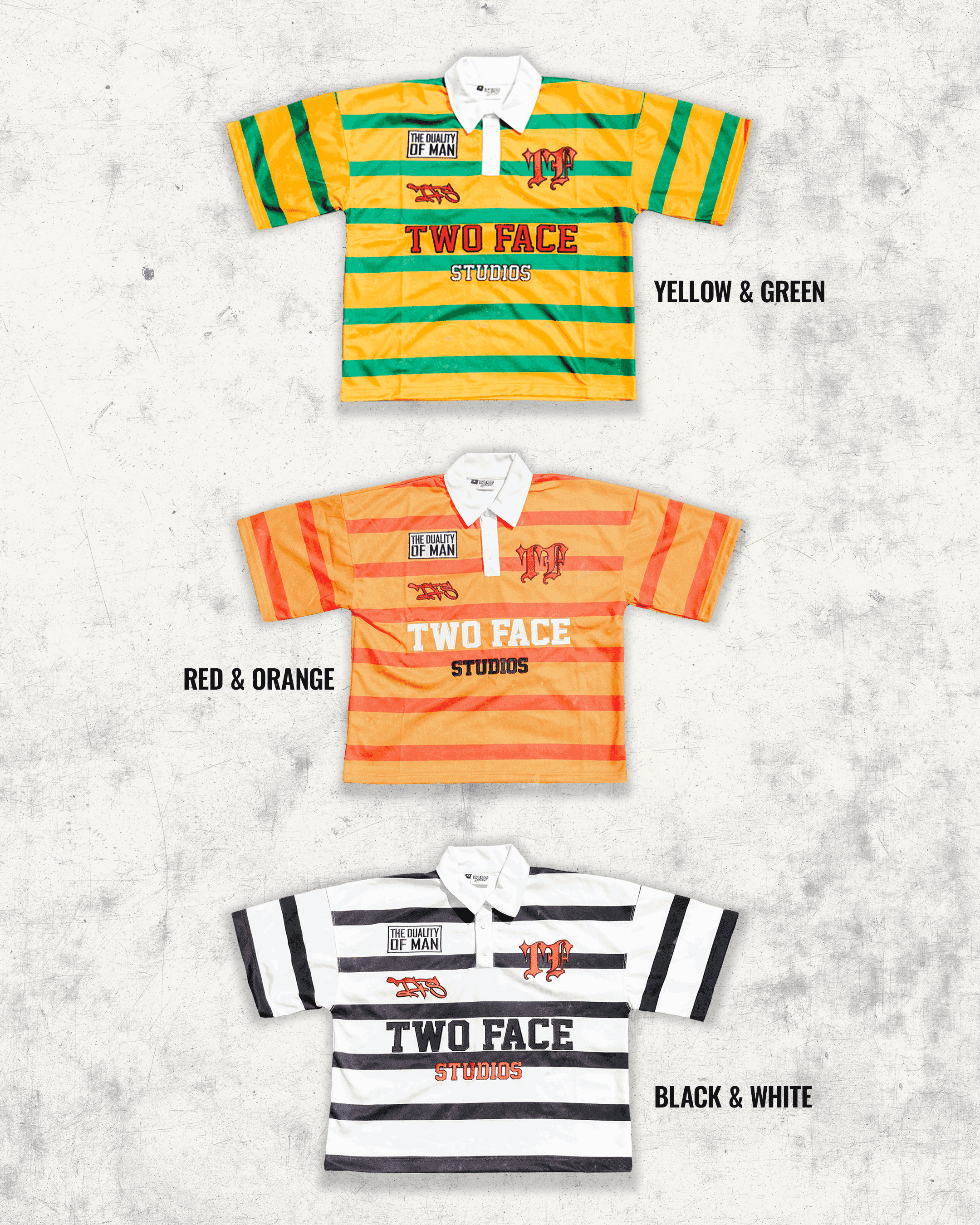 An advertisement designed for TwoFace Studios' rugby polos