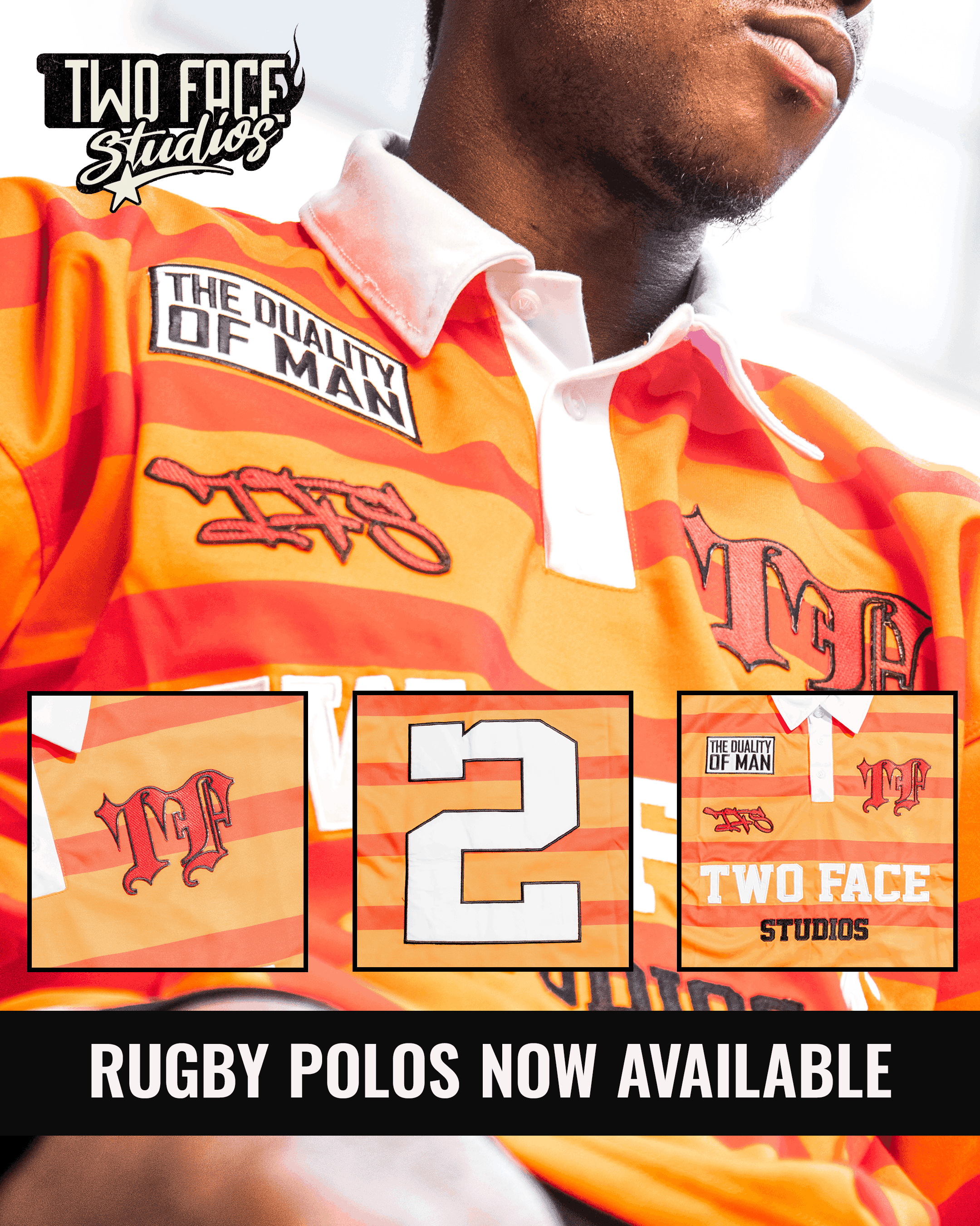 An ad designed for TwoFace Studios' rugby polos